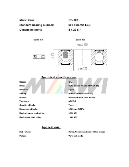 Union kogellager Keramisch CB-320 608 LLB (8x22x7)