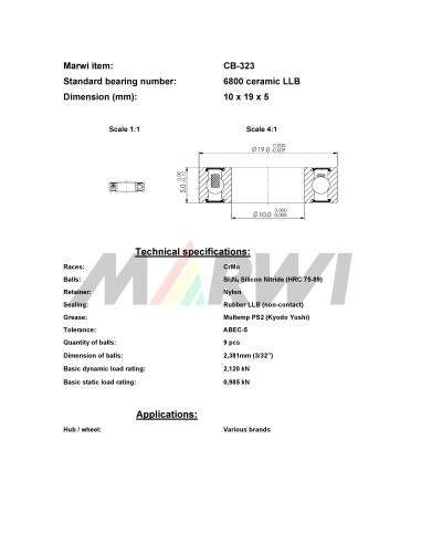 Union kogellager Keramisch CB-323 6800 LLB (10x19x5)