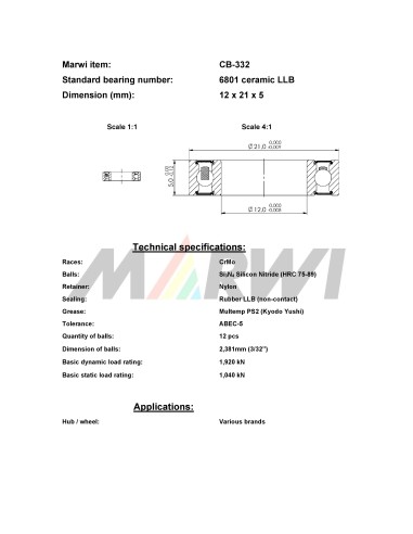 Union kogellager Keramisch CB-332 6801 LLB (12x21x5)