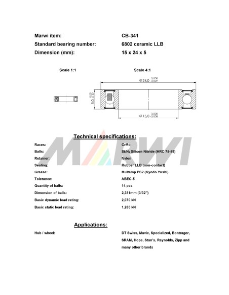 Union kogellager Keramisch CB-341 6802 LLB (15x24x5)