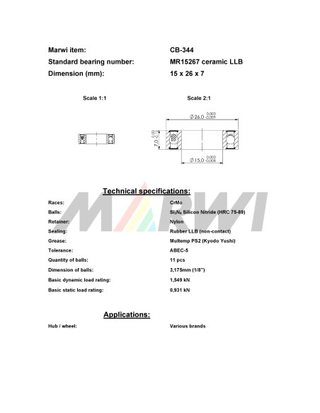 Union kogellager Keramisch CB-344 MR15267 LLB (15x26x7)