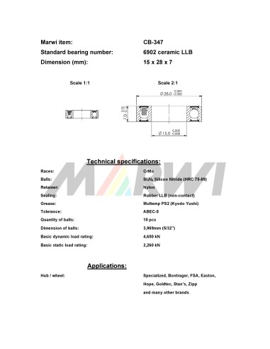 Union kogellager Keramisch CB-347 6902 LLB (15x28x7)