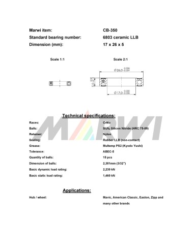 Union kogellager Keramisch CB-350 6803 LLB (17x26x5)
