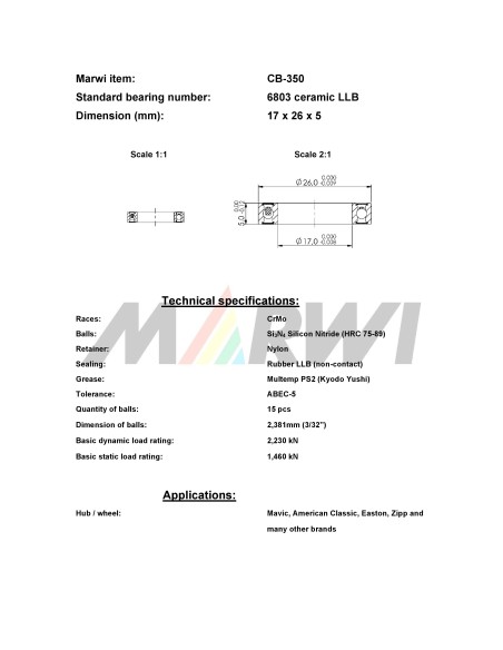 Union kogellager Keramisch CB-350 6803 LLB (17x26x5)