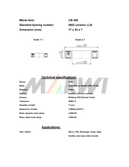 Union kogellager Keramisch CB-356 6903 LLB (17x30x7)