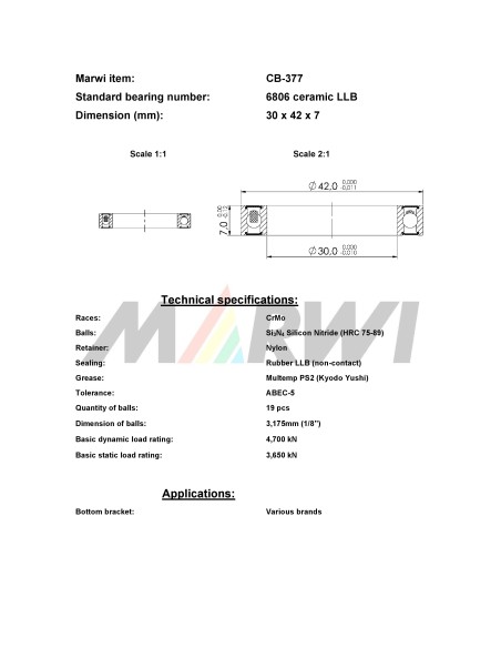 Union kogellager Keramisch CB-377 6806 LLB (30x42x7)
