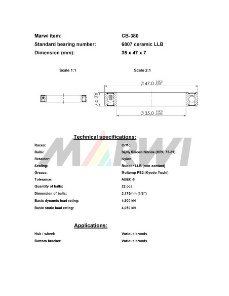 Union kogellager Keramisch CB-380 6807 LLB (35x47x7)