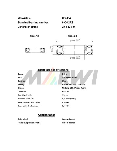 Union Kogellager CB-134 6904 2RS (20x37x9)