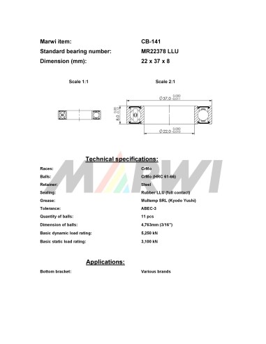 Union Kogellager CB-141 MR22378 2RS (22x37x8)