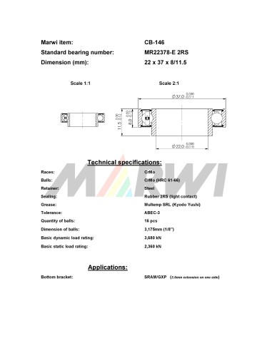 Union Kogellager CB-146 MR22378-E LLB (22x37x8/11.5) (ext.)