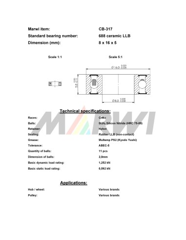 Union Keramische kogellager CB-317 688 LLB (8x16x5)