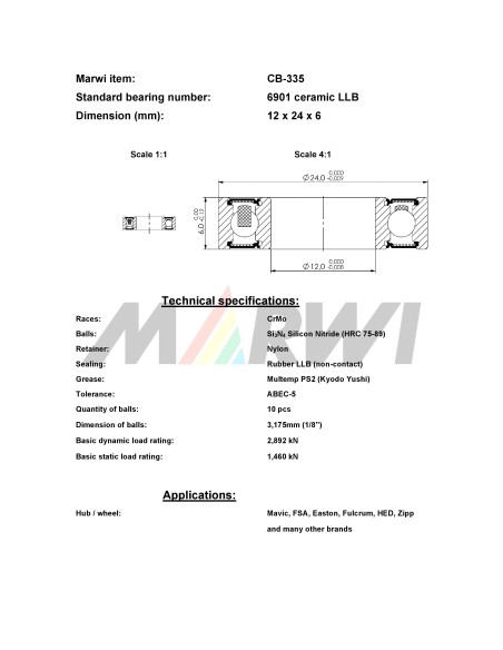 Union kogellager Keramisch CB-335 6901 LLB (12x24x6)