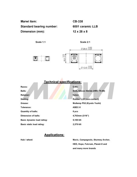 Union kogellager Keramisch CB-338 6001 LLB (12x28x8)