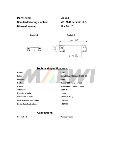 Union kogellager Keramisch CB-353 MR17287 LLB (17x28x7)