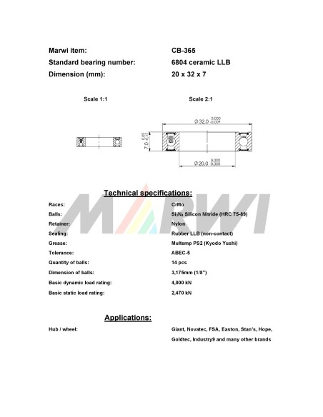 Union kogellager Keramisch CB-365 6804 LLB (20x32x7)