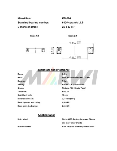 Union kogellager Keramisch CB-374 6805 LLB (25x37x7)